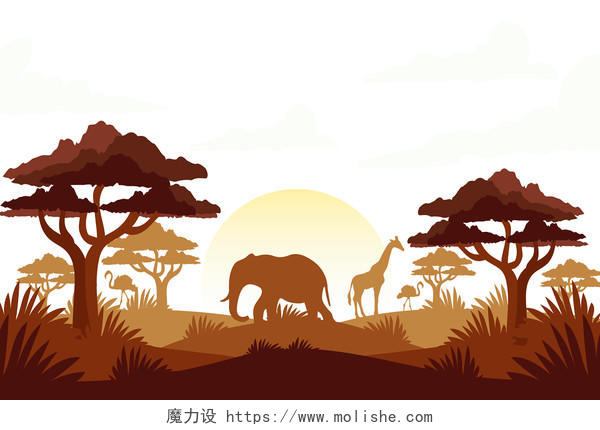 彩色长颈鹿大象树木剪影素材